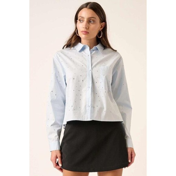 Light Blue Embroidered Polka Dot Blouse Button Down Long Sleeve - Picture 4 of 5